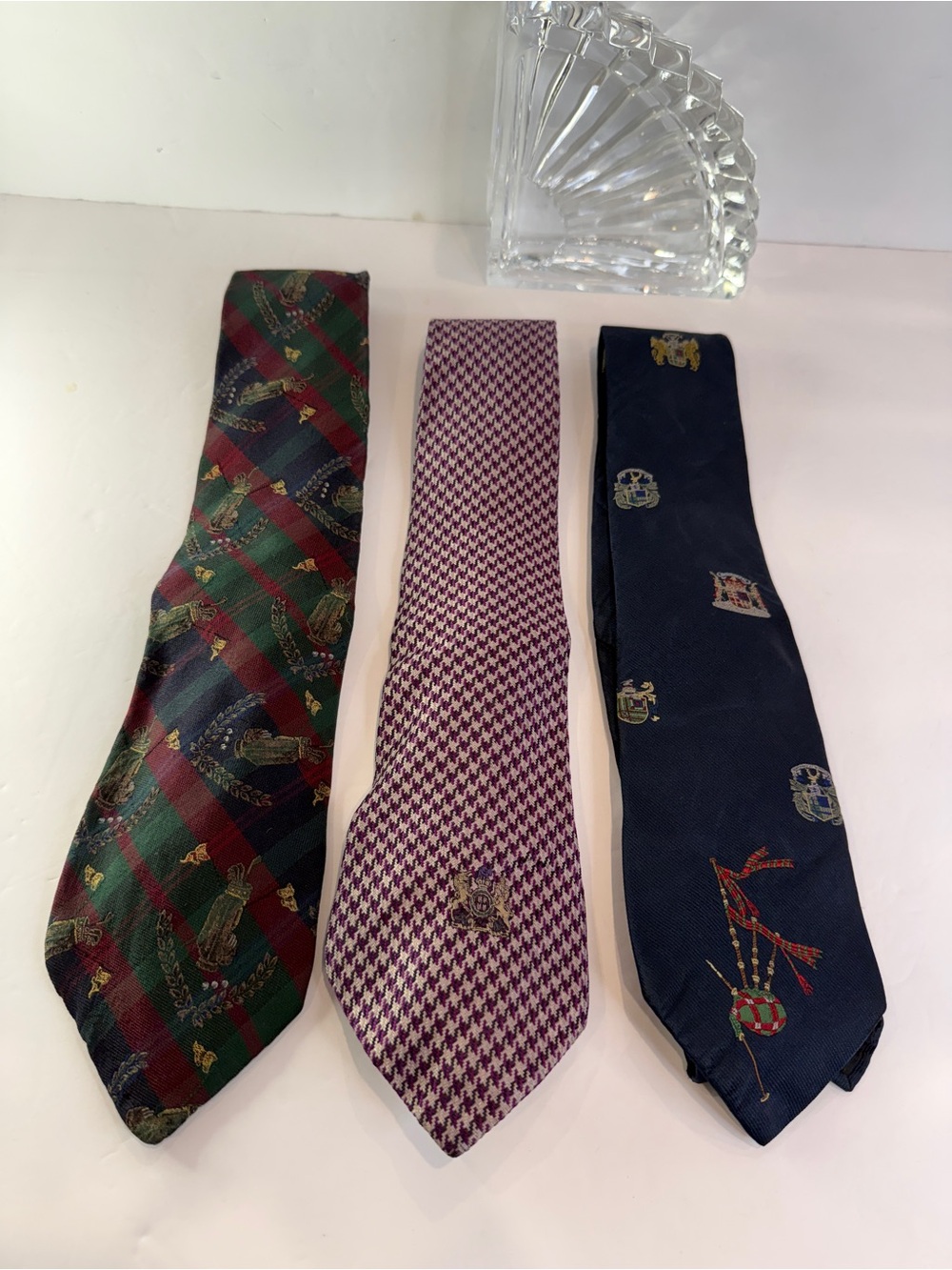Vintage Heraldic & Scottish Silk Necktie Lot of 3 Hand Sewn Designer Crest Ties